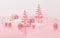 Abstract pink and rose gold christmas tree surrounded by floating circle,candy cane,gift box,decoration scene,geometric podium and