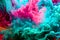 Abstract pink teal smoke clouds background, artistic splatter colors