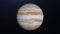 Abstract planet Jupiter rotating in outer Space. Animation. Sunrise and Sunfall on the colorful white and brown Surface