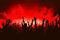 abstract raised hands silhouettes of people crowd at concert or party on red background digital illustration