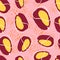 Abstract random contoured seamless pattern with creative plums silhouettes. Pink background with splashes. Food print