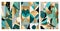 abstract random pattern art, geometric shapes. media, aqua, turquoise and gold.