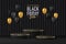 Abstract realistic 3D black cylinder pedestal podium set with black and golden balloons flying. Luxury black friday sale scene for