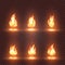 abstract realistic fire flame images set on checkered background, bonfire signs collection on dark backdrop