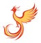 Abstract red and orange phoenix bird in flight, fiery feathers and elegant curves. Mythical creature soaring, symbol of