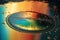 Abstract reflection background with water and rainbows. Flowing gold liquid puddle with prism colors wallpaper.