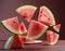 Abstract representation of watermelon pieces cut into various shapes, floating freely