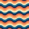 Abstract retro 70s groovy waves seamless pattern in orange, blue and beige.