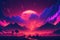 Abstract retro futuristic neon landscape in synthwave style. Glowing surface strange neon clouds. Generative ai ilustration