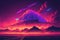 Abstract retro futuristic neon landscape in synthwave style. Glowing surface strange neon clouds. Generative ai ilustration