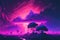 Abstract retro futuristic neon landscape in synthwave style. Glowing surface strange neon clouds. Generative ai ilustration