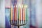 abstract retro of jewish holiday Hanukkah with menorah traditional defocused lights