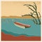 Abstract retro landscape poster. Stylized boat in lake with dry tree trunks, mountains on the horizon with noises