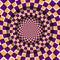 Abstract round frame with a moving orange purple checkered pattern. Optical illusion hypnotic background