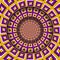 Abstract round frame with a moving yellow purple squares pattern. Optical illusion hypnotic background