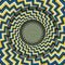 Abstract round frame with a rotating blue yellow zigzag stripes pattern. Optical illusion hypnotic background