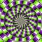 Abstract round frame with a rotating purple green broken stripes pattern. Optical illusion hypnotic background