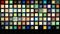 Abstract rows of blinking colorful squares with a plus icon on a black background, seamless loop. Motion. Geometric