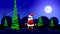 Abstract Santa Claus stands by a tall fir tree