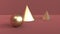 Abstract scene of geometric shapes. Ball, cone and pyramid of gold color. Soft ambient light in 3D scene with red-brown background