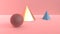 Abstract scene of geometric shapes. Golden cone, blue pyramid and Burgundy-brown ball. Soft diffused light in a powdery