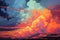 abstract scene with smoke and fire in the sky, vector illustration, cumulonimbus sunset impasto post impressionism neon vibrant