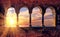 Abstract scenic scenic landscape with sunset with sunlight through medieval arches. Porto Venere, Italy. Charming places