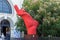 Abstract sculpture Leg - Hand stands in front of the facade of the Comedy Theater in Bucharest city in Romania