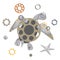 Abstract sea turtle and starfish with gear wheels, metal part, nails on a white background. Steampunk style. Metal mechanical sea
