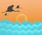 Abstract Sea Waves Birds Sunset Background