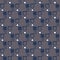 Abstract seamless attern with geometric silhouettes. Blue dashes and squares and white triangles. Dark grey background