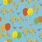 Abstract seamless autumn pattern with birds, trees, sunflowers