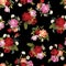 Abstract seamless floral pattern with white, pink, red and orange roses on black background