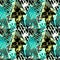 Abstract seamless geometric pattern with flowers, arrows,triangles and strips.