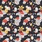 Abstract seamless pattern doodle dark cutout flowers and seeds on top of colorful background