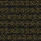 Abstract seamless pattern with gold horizontal foliate twigs with berries on black background.