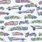 Abstract seamless pattern with hand drawn cute car. School collection. Cartoon cars vector illustration. Notebook paper pattern. P