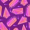 Abstract seamless pattern with neon colored crystals, minerals or faceted stones and their outlines on purple background
