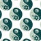 Abstract seamless pattern, print, yin yang symbol with moon, sun and flowers. Emerald shades. decor, textiles, wallpaper