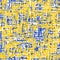 Abstract seamless pattern with white, yellow and blue irregular jagged lines.