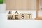 Abstract selection west east phrases on wooden blocks