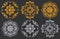 Abstract set with decorative elements, round floral symmetric composition, gold and silver options