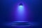 Abstract shiny blue cylinder podium. Sci-fi blue abstract room with glowing hanging neon lamp lighting. Vector rendering