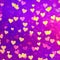Abstract shiny yellow falling hearts on hot pink purple distressed brush strokes hand drawn background, Valentine`s Day