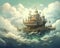 Abstract ship in the ocean of clouds. Surreal, dreamlike art style