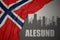 Abstract silhouette of the city with text Alesund near waving national flag of norway on a gray background