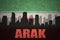 abstract silhouette of the city with text Arak at the vintage iranian flag