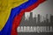 Abstract silhouette of the city with text Barranquilla near waving national flag of colombia on a gray background