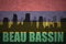 Abstract silhouette of the city with text Beau Bassin at the vintage mauritius flag