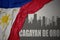 Abstract silhouette of the city with text Cagayan de Oro near waving national flag of philippines on a gray background.3D